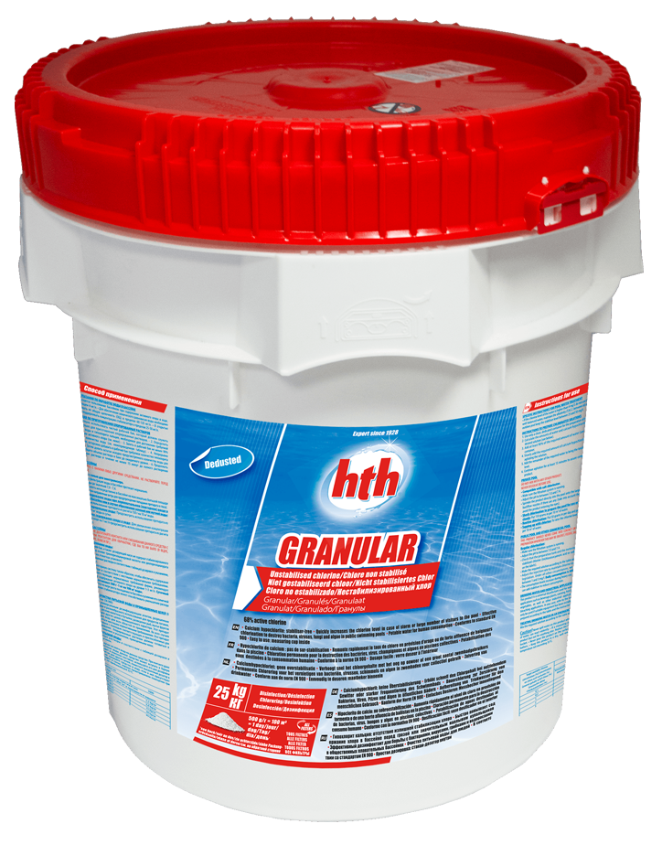 HTH Granulare 25kg, disinfettante a base di ipoclorito di calcio per piscine. Azione rapida, senza stabilizzante, ideale per trattamenti shock e manutenzione.